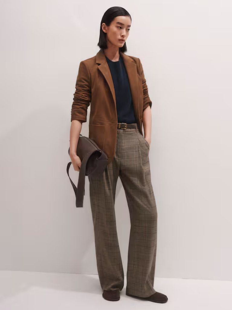 Me + Em Straight Leg Plaid Pleated Wool Pants